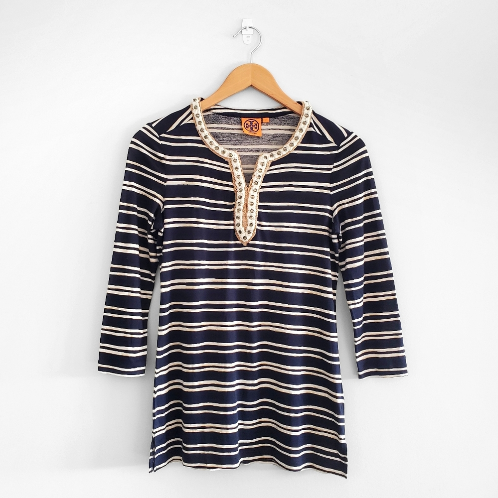 TORY BURCH Navy Cream Striped Silk Jeweled 3/4 Sleeve Top
